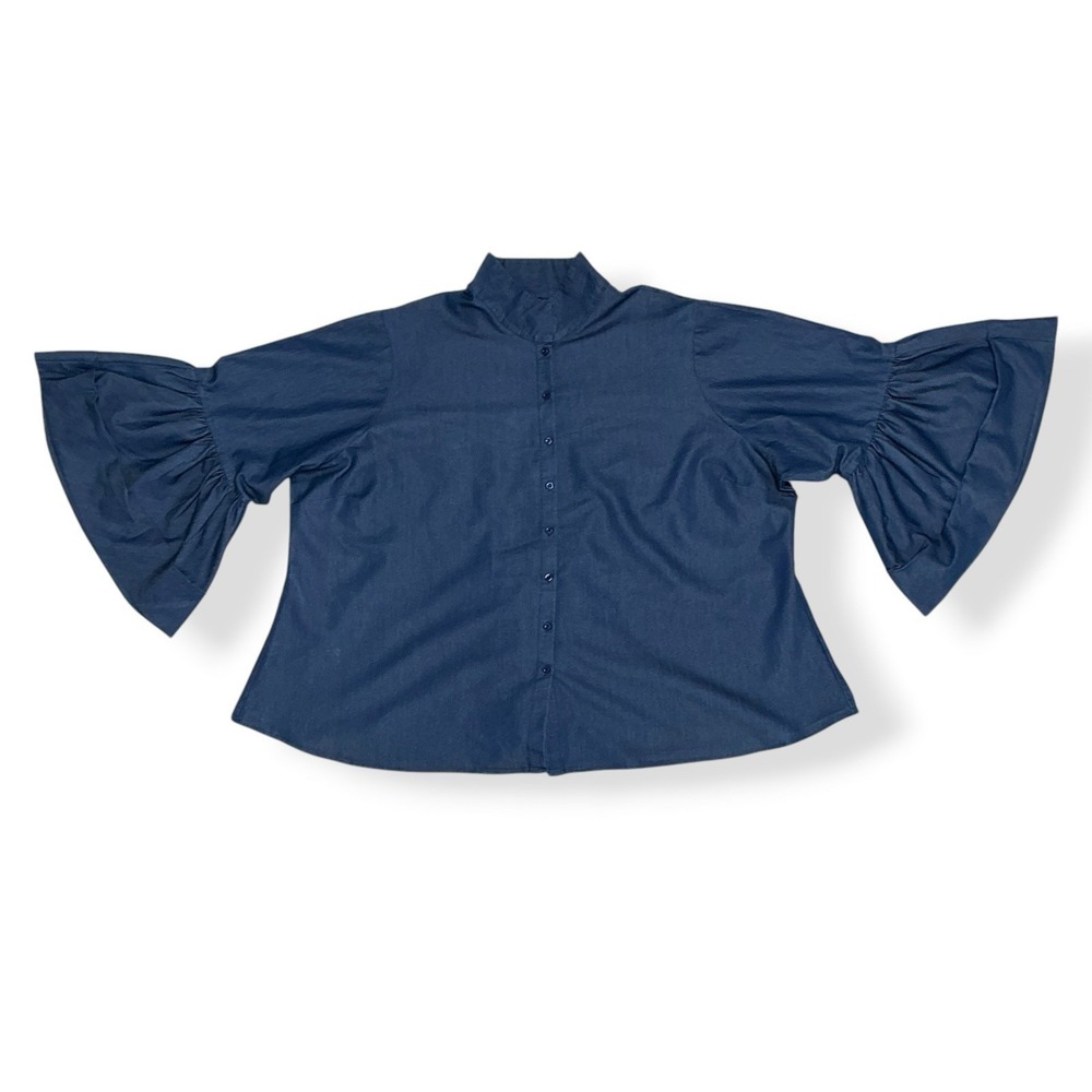 Ashley Stewart Shirt Women 32 5X Blue Chambray Button Down Bell Sleeves NWOT